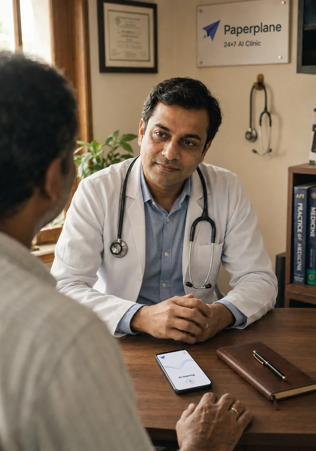 An Indian doctor in consultation with PaperPlane's AI scribe listening